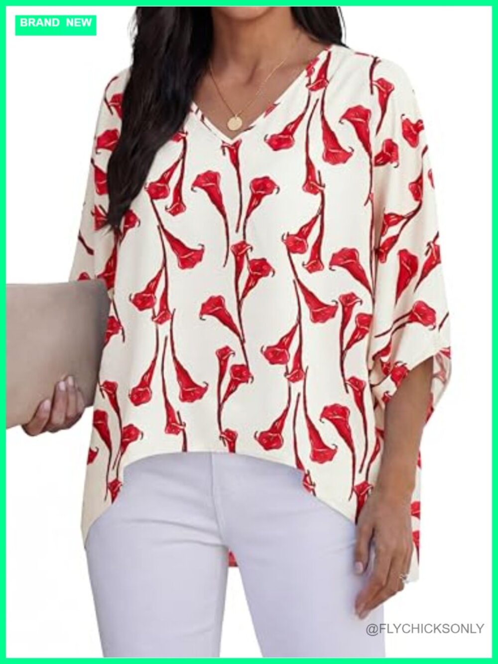 Women's V Neck Batwing Sleeve Tunic Blouse Loose Fit Asymmetrical Hem
